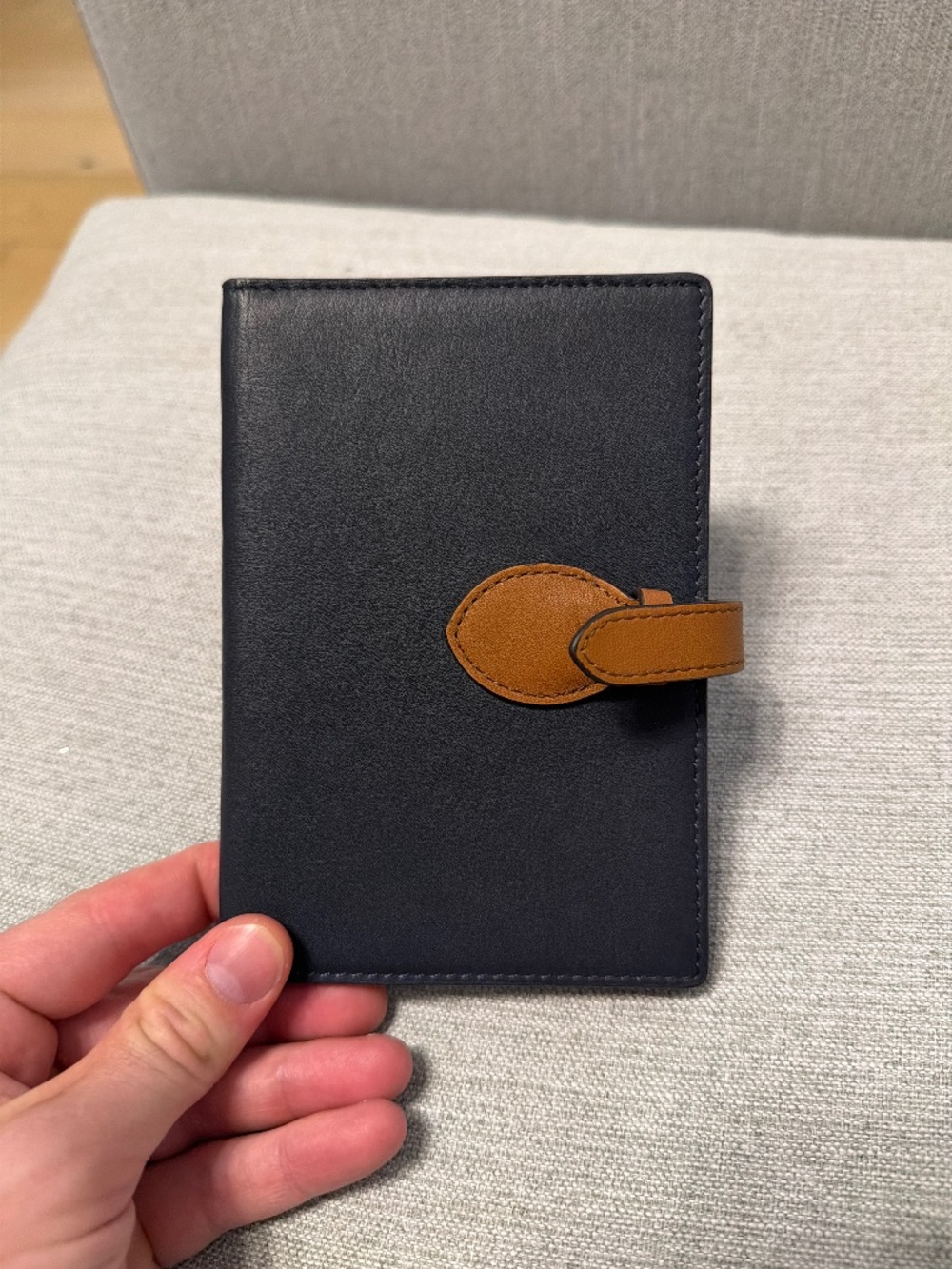 Ralph Lauren Navy Leather Passport Holder Travel Wallet w/ Tan Strap Closure